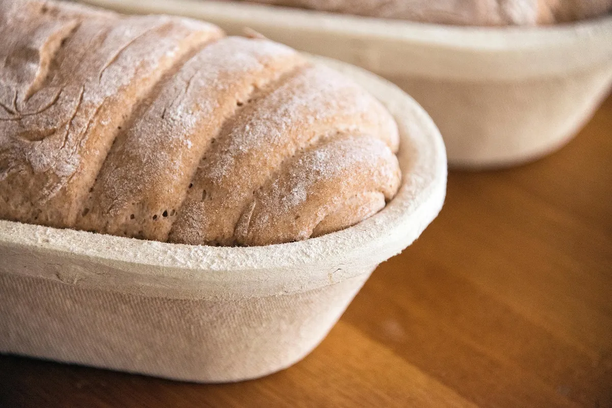 dough, fermentation basket, loaf, flour, whole wheat, whole grain bread, meal, food, wood pulp