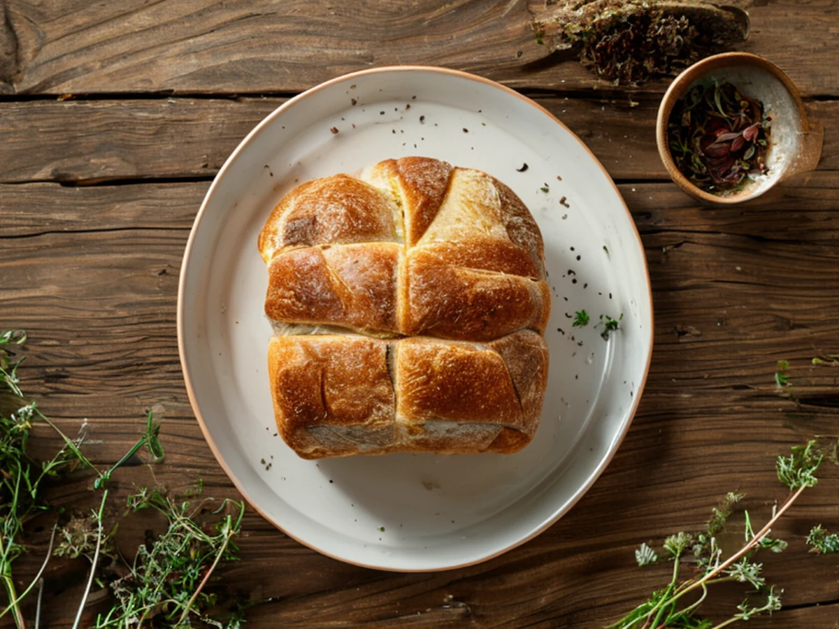 overhead view of a wooden table with a single loaf of bread resting on a white plate surrounded by dried herbs and a small bowl of water