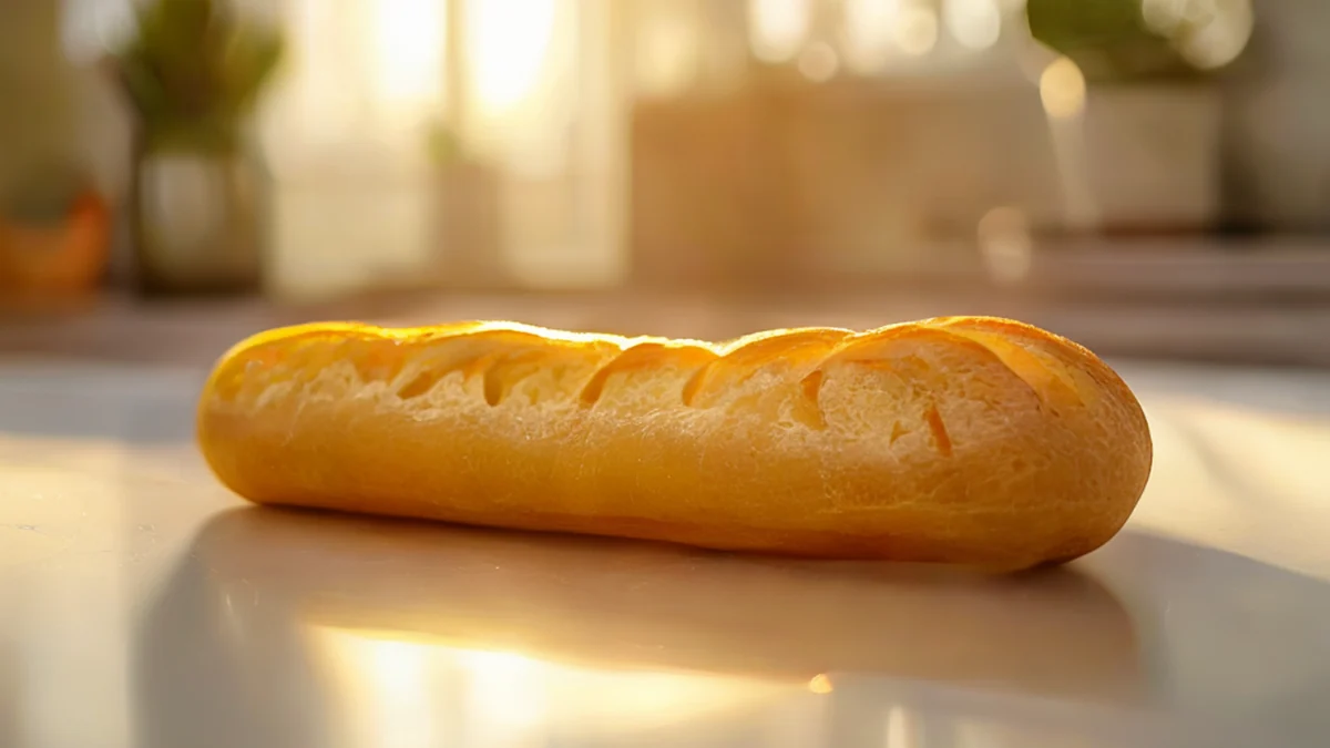 A plastic bread ruler, bright yellow, with a straight, thin edge, resting on a white kitchen counter, under golden hour light, shallow depth of field, photorealistic, sharp focus, high detail