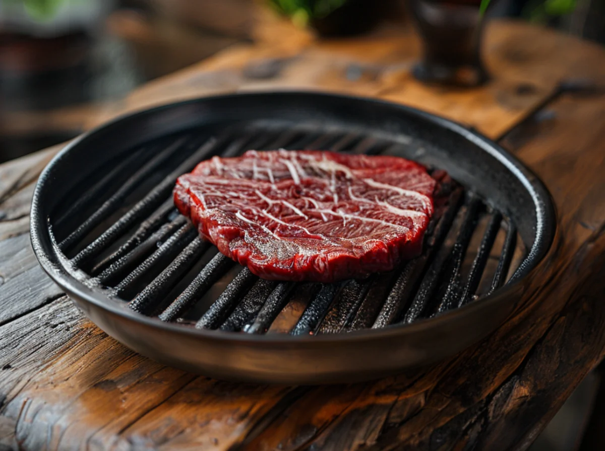 Ein Holztisch mit einem koreanischen BBQ-Grill, Kohle und Stäbchen.