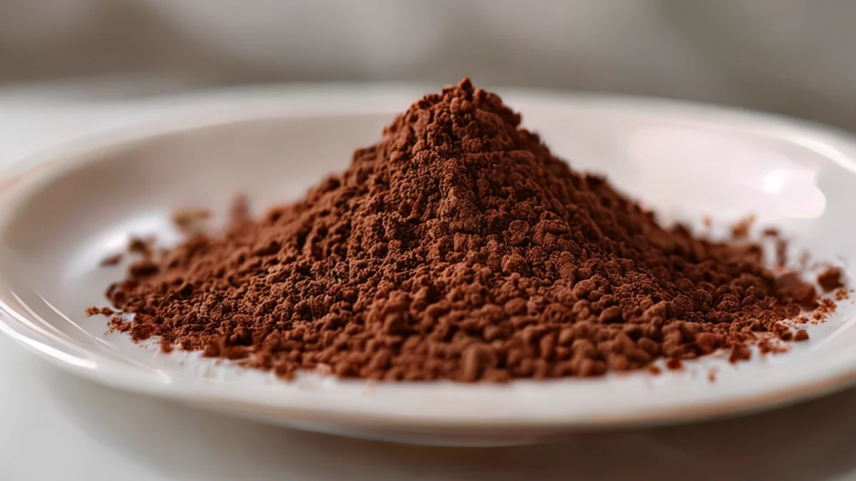 Un montón de polvo de cacao, de color marrón oscuro, con una textura fina y crujiente, reposando sobre una placa blanca brillante.