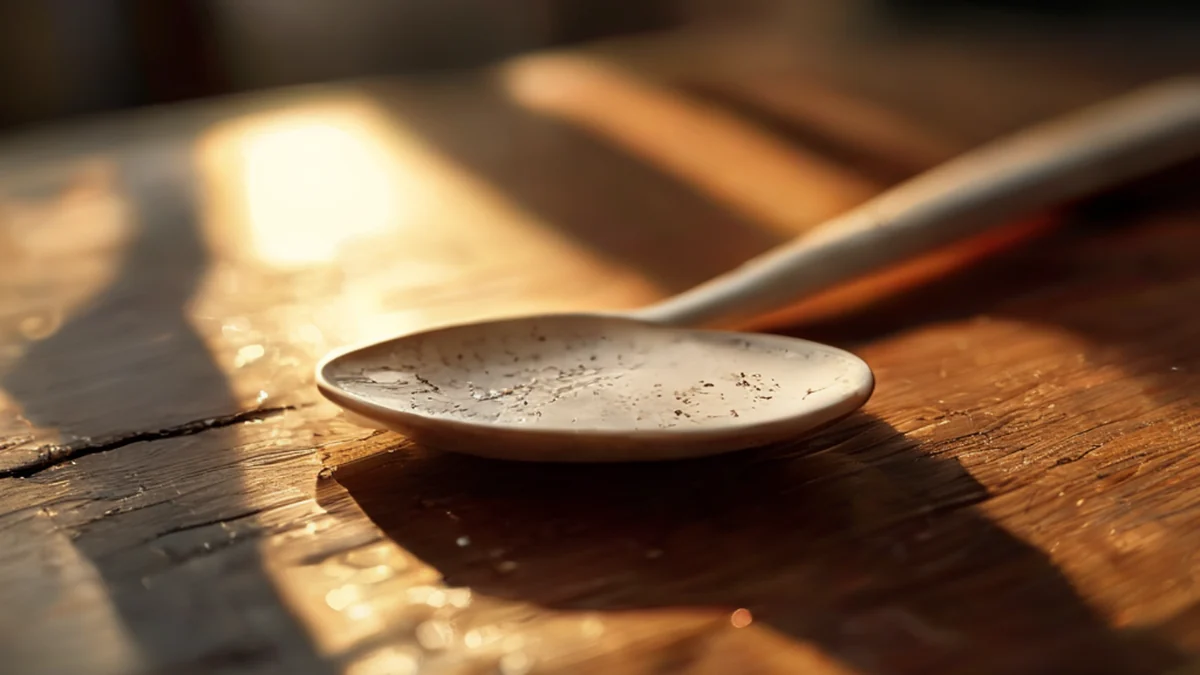 Cucchiaio in legno con design tundra, presenta motivi complessi e texture naturali.