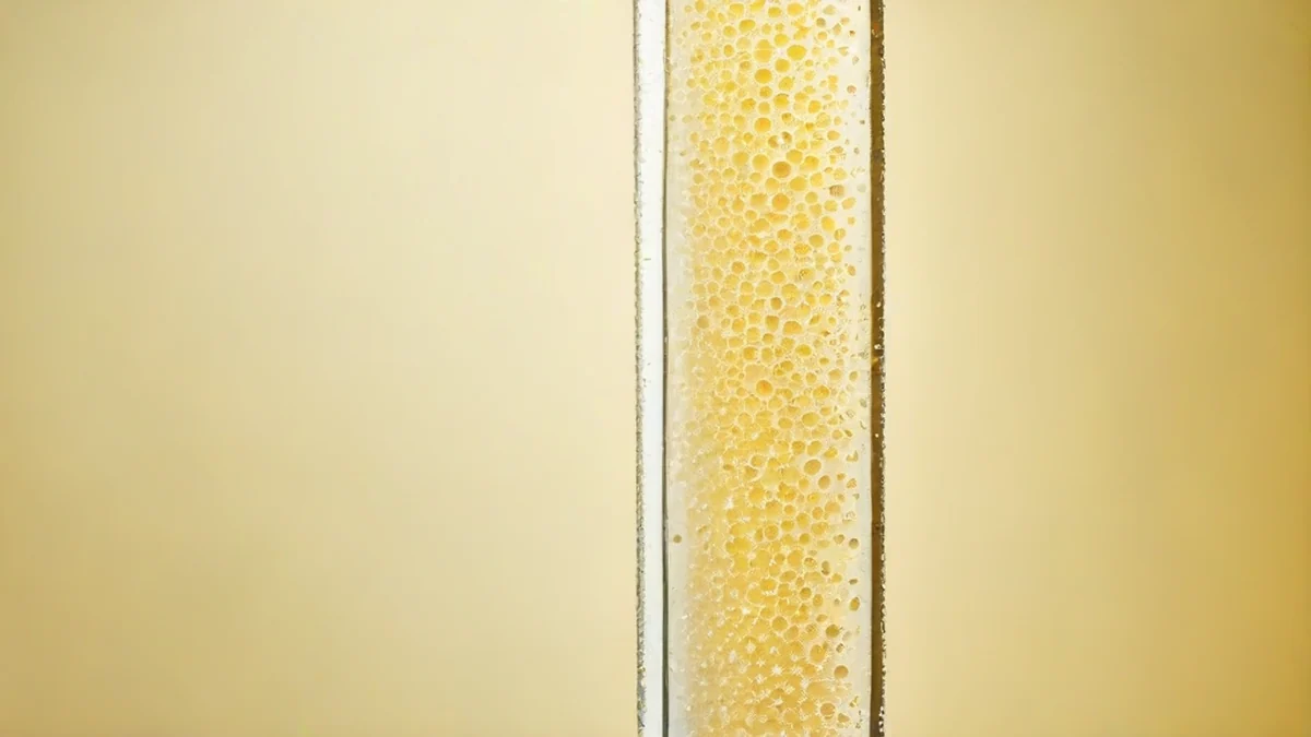 Un vaso trasparente pieno di bollicine di Prosecco.