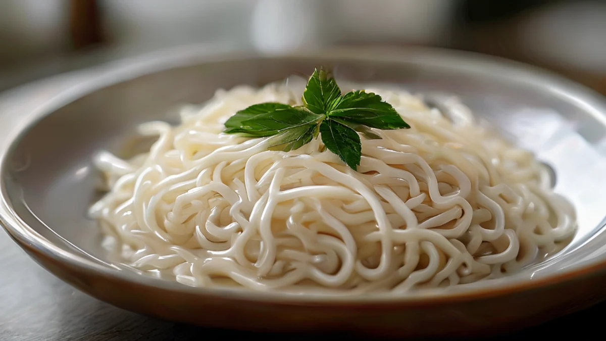 Ramen und Udon-Nudeln in einer klaren Broth mit Gemüse und Zutaten serviert.