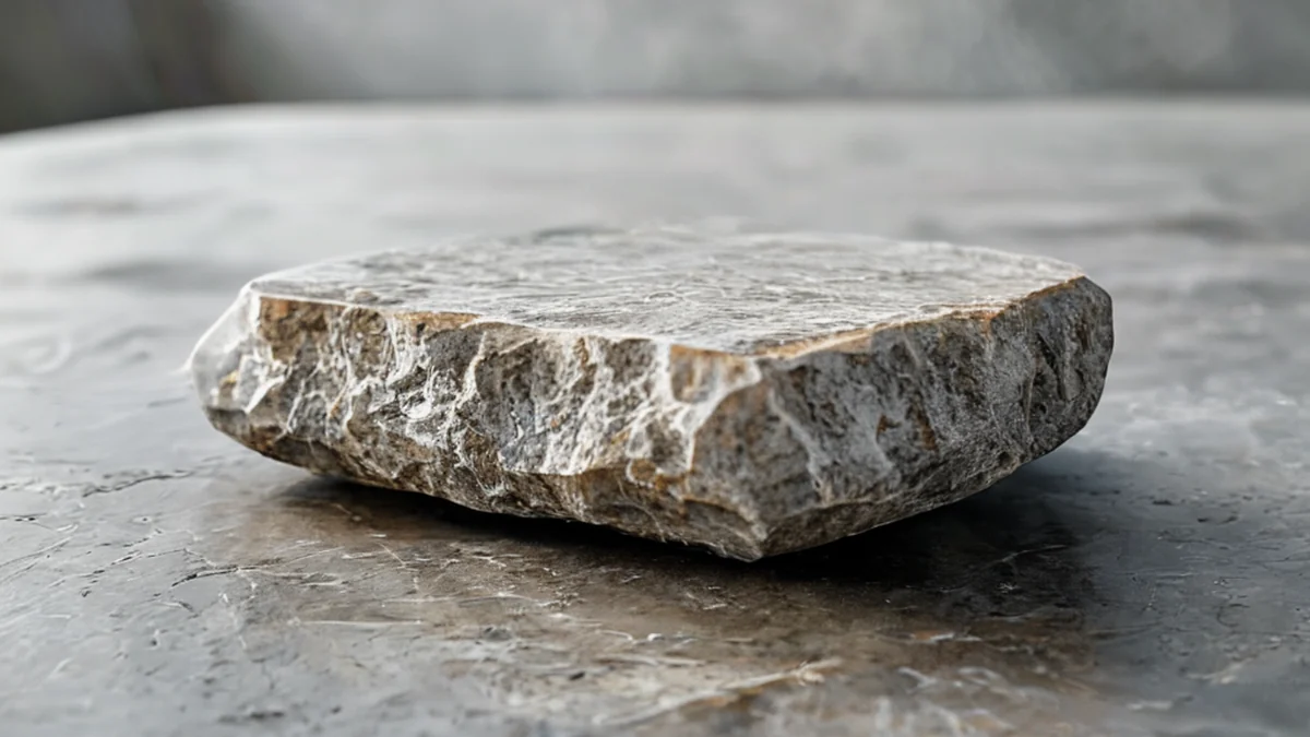 Zentriertes salzbestäubtes Stein, verwitterte Textur, graubraune Farbe, eckiger Form, auf Beton-Tisch, bewölkter Tag, flache Schärfe, photorealistisch, scharfe Schärfe, hohe Details