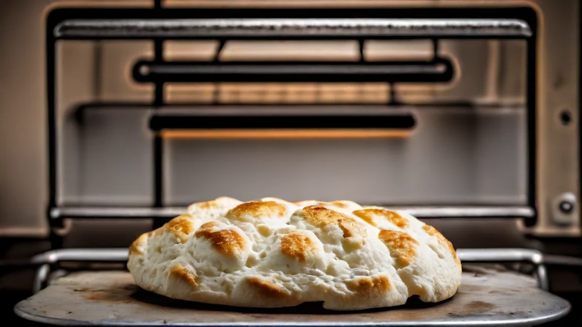 Bread dough being baked in a preheated oven.