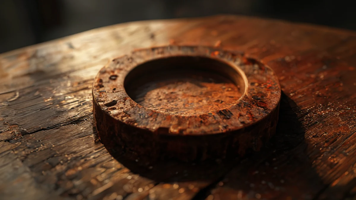 A stained cog with dark brown coloring, showing intricate details and texture.