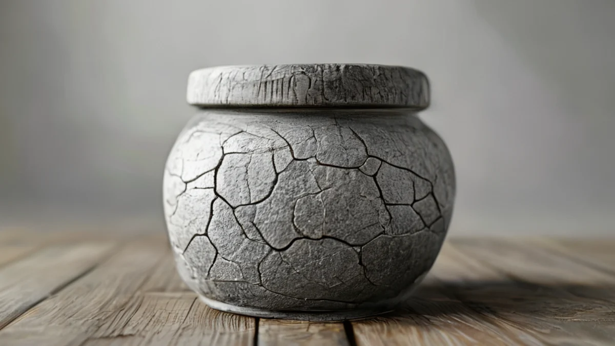 Un tarro de cerámica en forma de piedra, con manija, textura y color visibles.