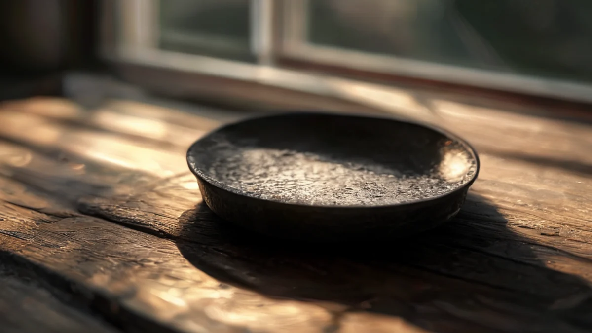 Une surface brûlée et noire sur une poêle après exposition prolongée à la lumière du soleil.