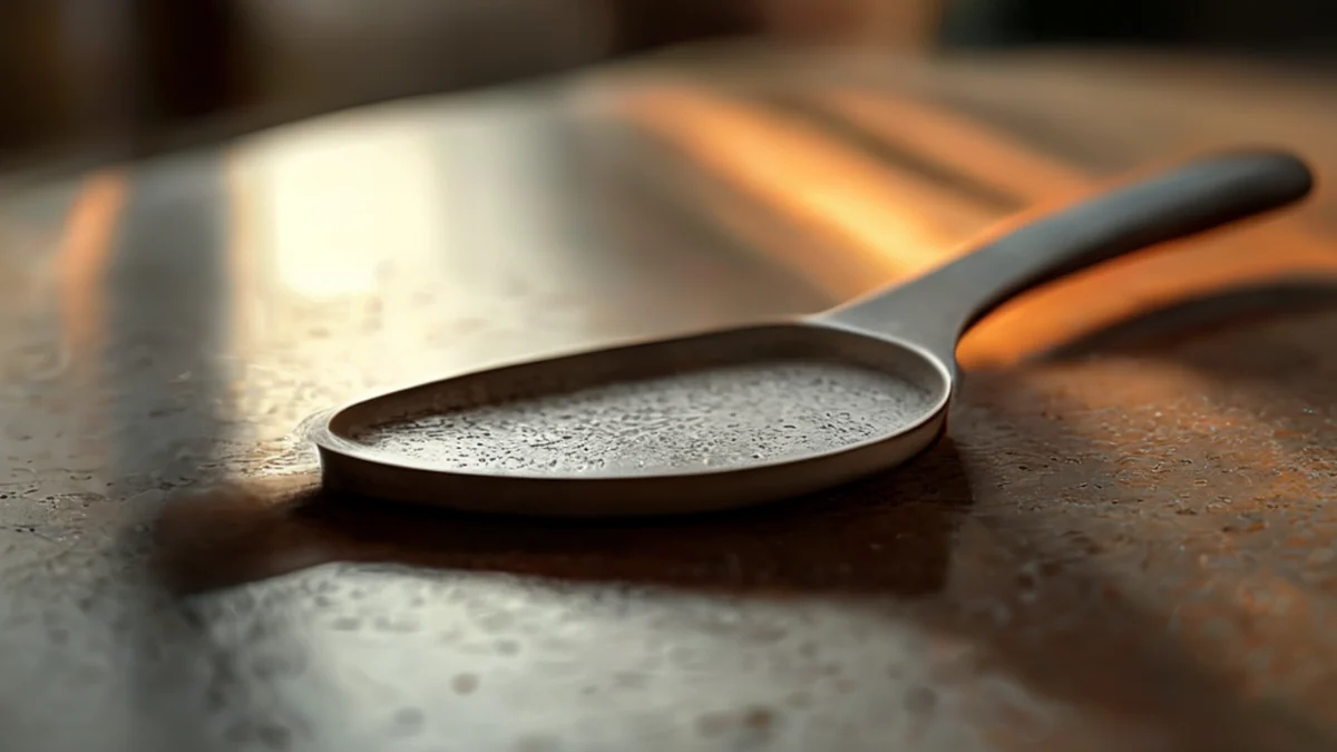 Zinkspatula, boogde rand, grijze kleur, ruwe textuur, op een porseleinen tafel, warme zijlicht, zacht scherpe focus, fotorealistisch, hoge details