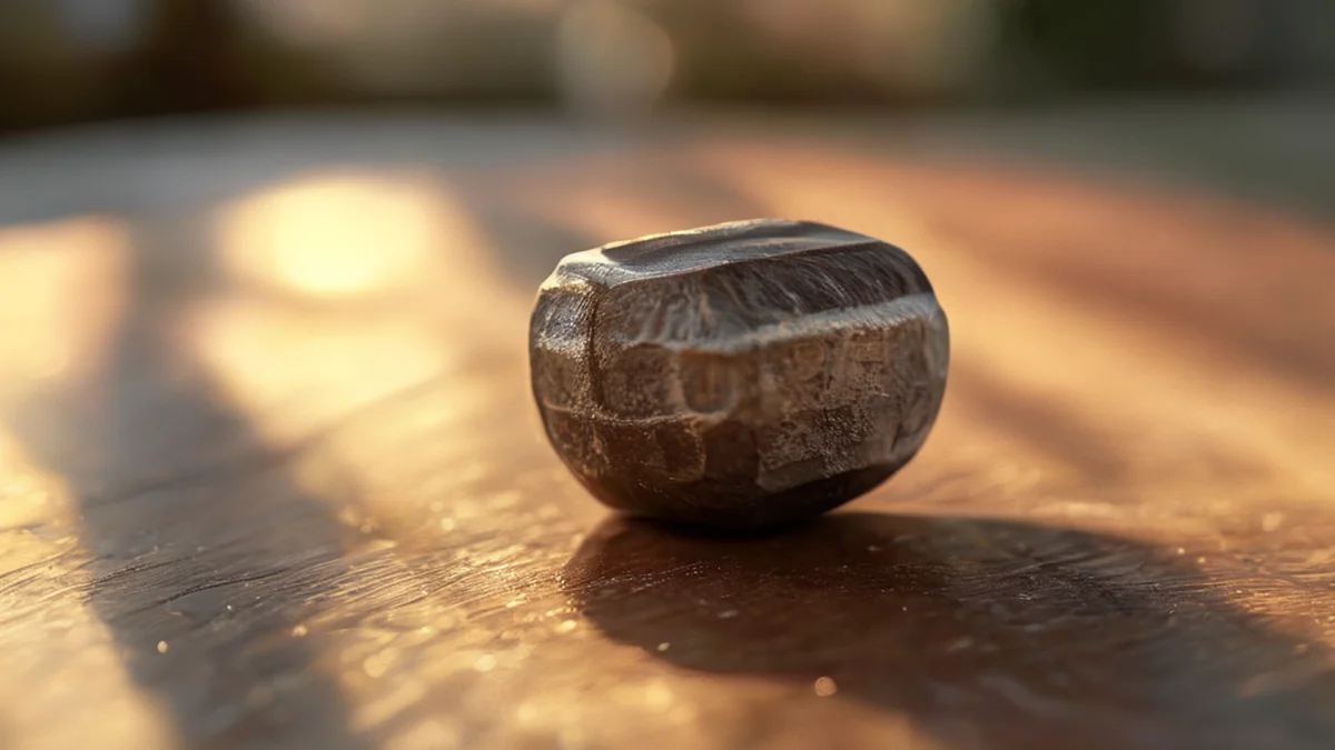 Ein einzelner Kastenstahl-Nut, zentriert, dunkelgrau, sechseckig, threaded, auf einem Holztisch, goldenes Licht, flache Schärfe, photo-realistisch, scharf.