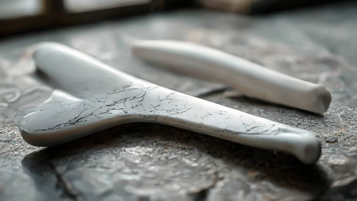 Ceramic knife, curved blade, white glaze, cracked texture, resting on stone, soft window light, shallow depth, photorealistic, sharp focus, high detail