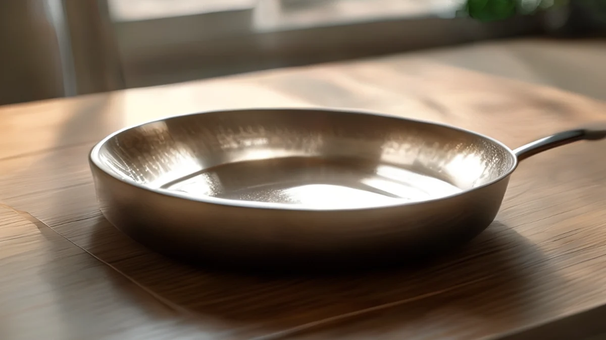 Un cazo de acero inoxidable profundo y ancho, superficie pulida de plata, un patrón de escala levemente grabado en el borde, reposando sobre una mesa de madera simple bajo una luz suave de ventana, profundidad de campo baja.