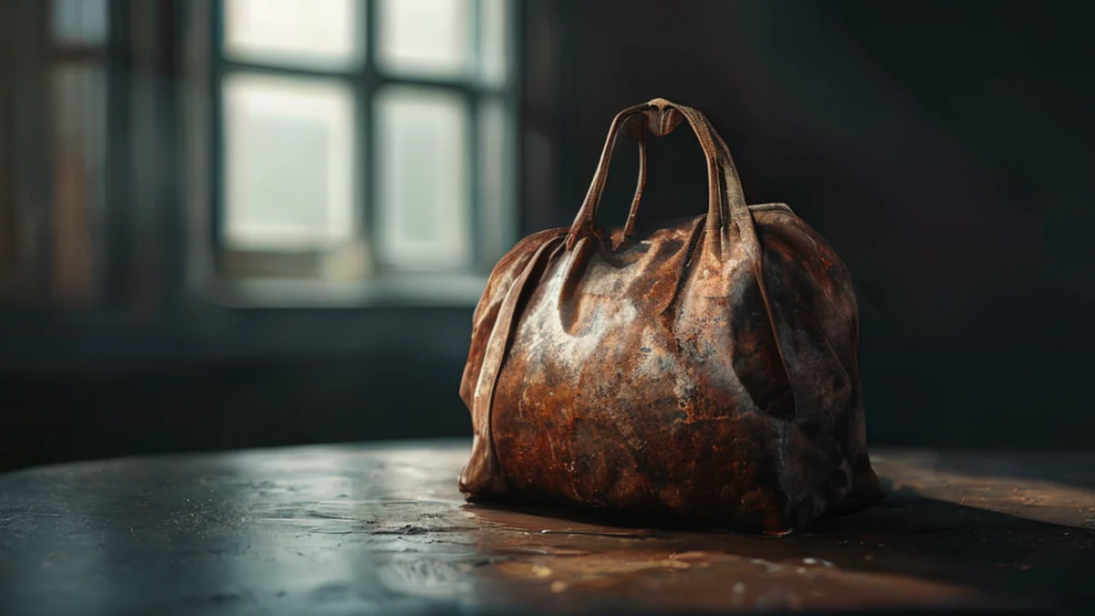 Rivet à sac rouillé avec une surface irrégulière, au centre d'une table sombre sous une lumière douce du fenêtre, champ de profondeur faible, réalisme photo, focus net, détails élevés