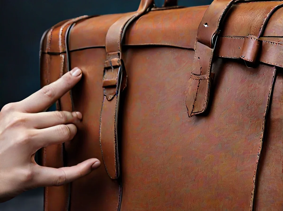 Une main saisissant la poignée supérieure d'une sacoche en cuir