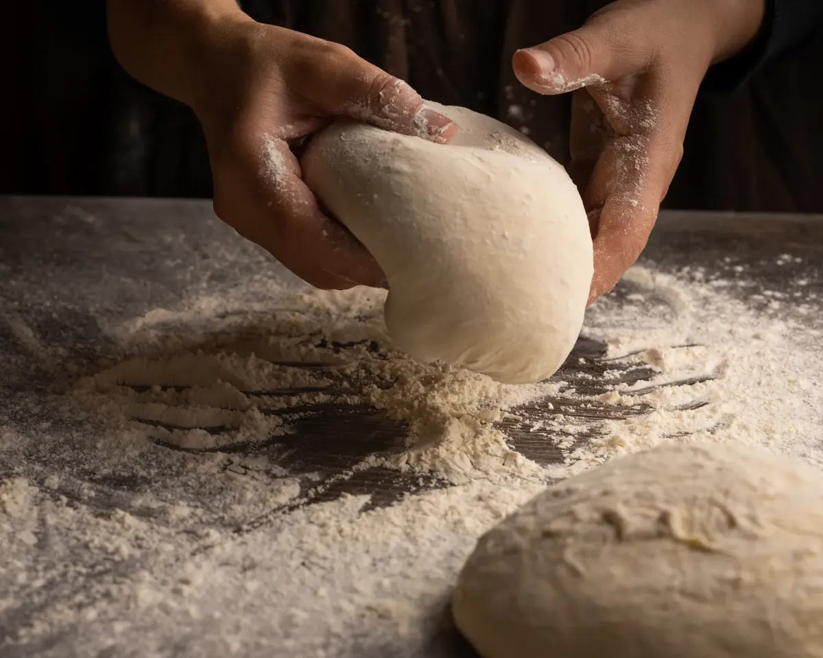 Hands kneading dough on a floured surface, capturing artisan bread making.