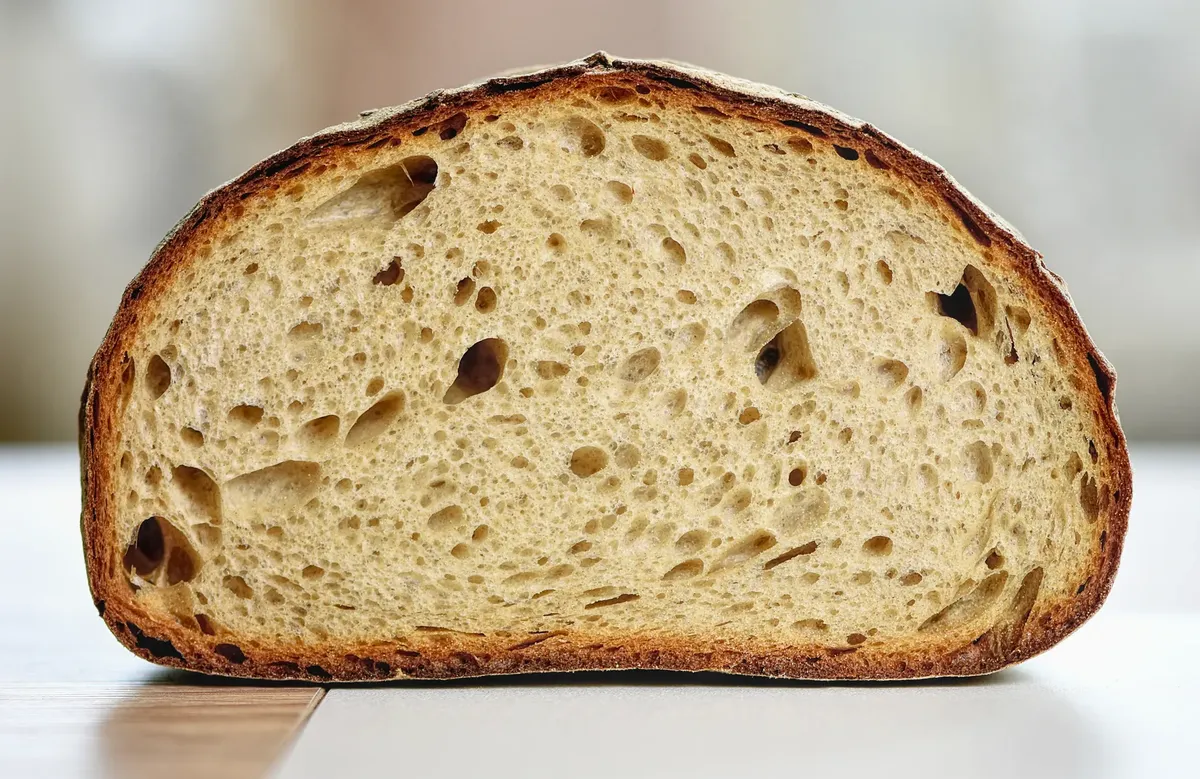 Close-up of a sliced artisan bread loaf showcasing texture in natural light.