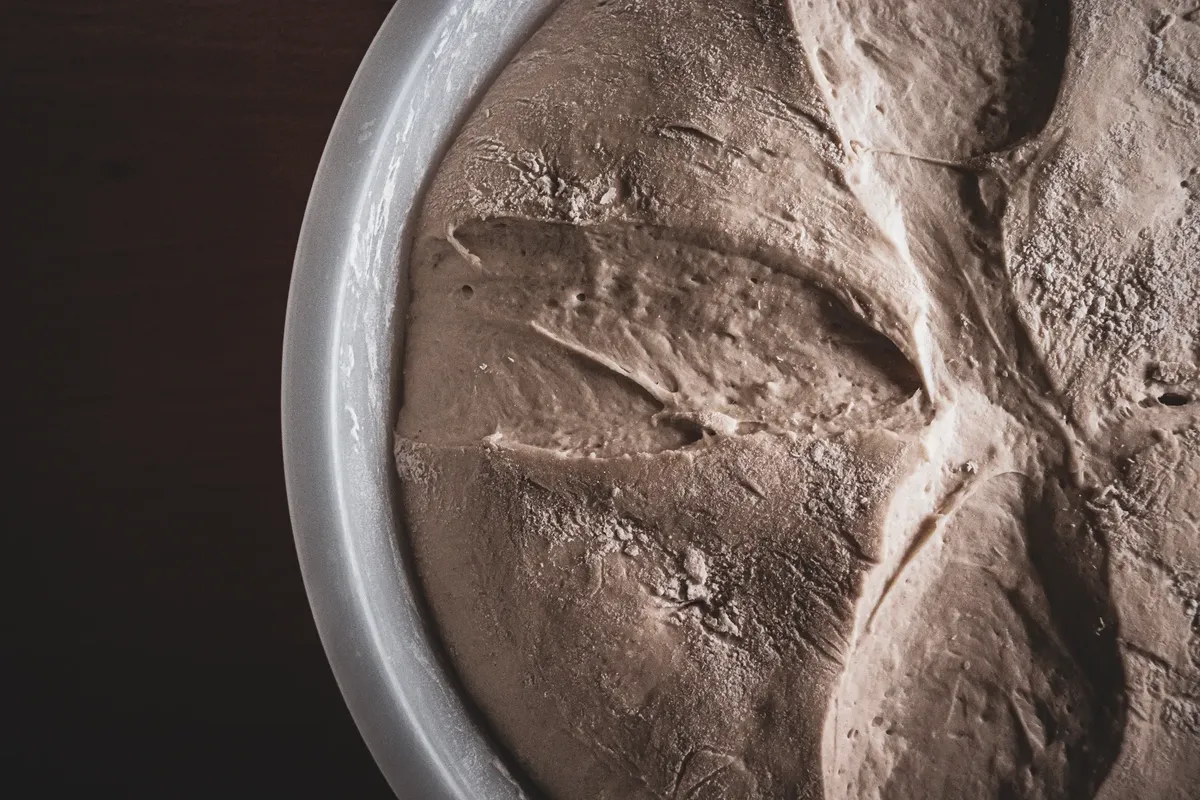 A close-up view of dry, cracked dough in a bowl showcasing unique textures and patterns.