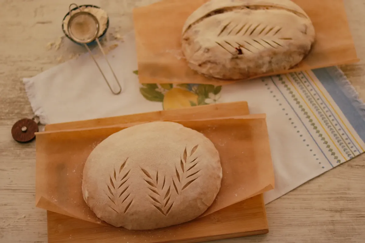 Freshly prepared artisanal bread dough with leaf score patterns on parchment paper.